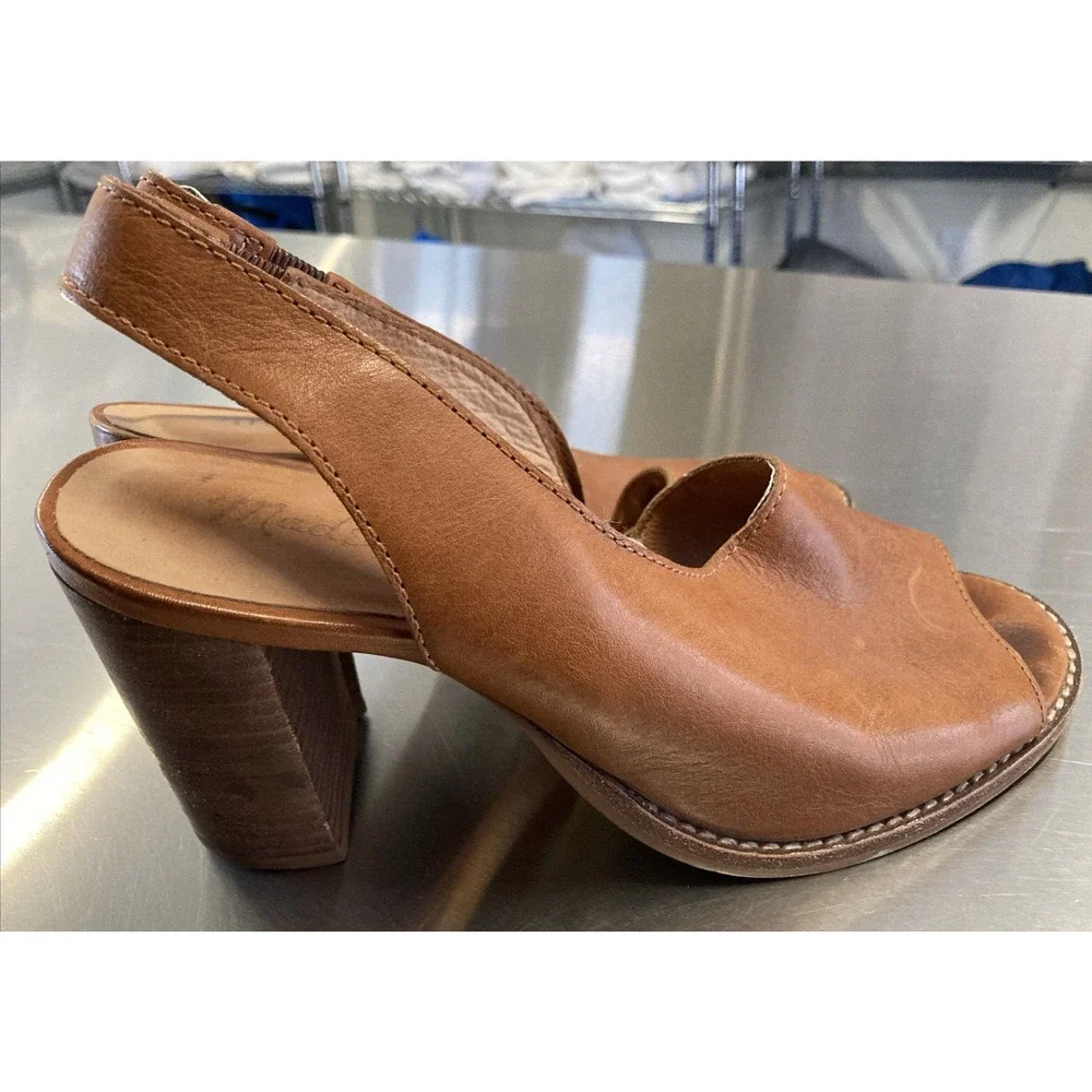 Madewell Cary Katerina Heels Peep Toe Tan Leather Slingback Sandals AH710 6.5 - Picture 5 of 8